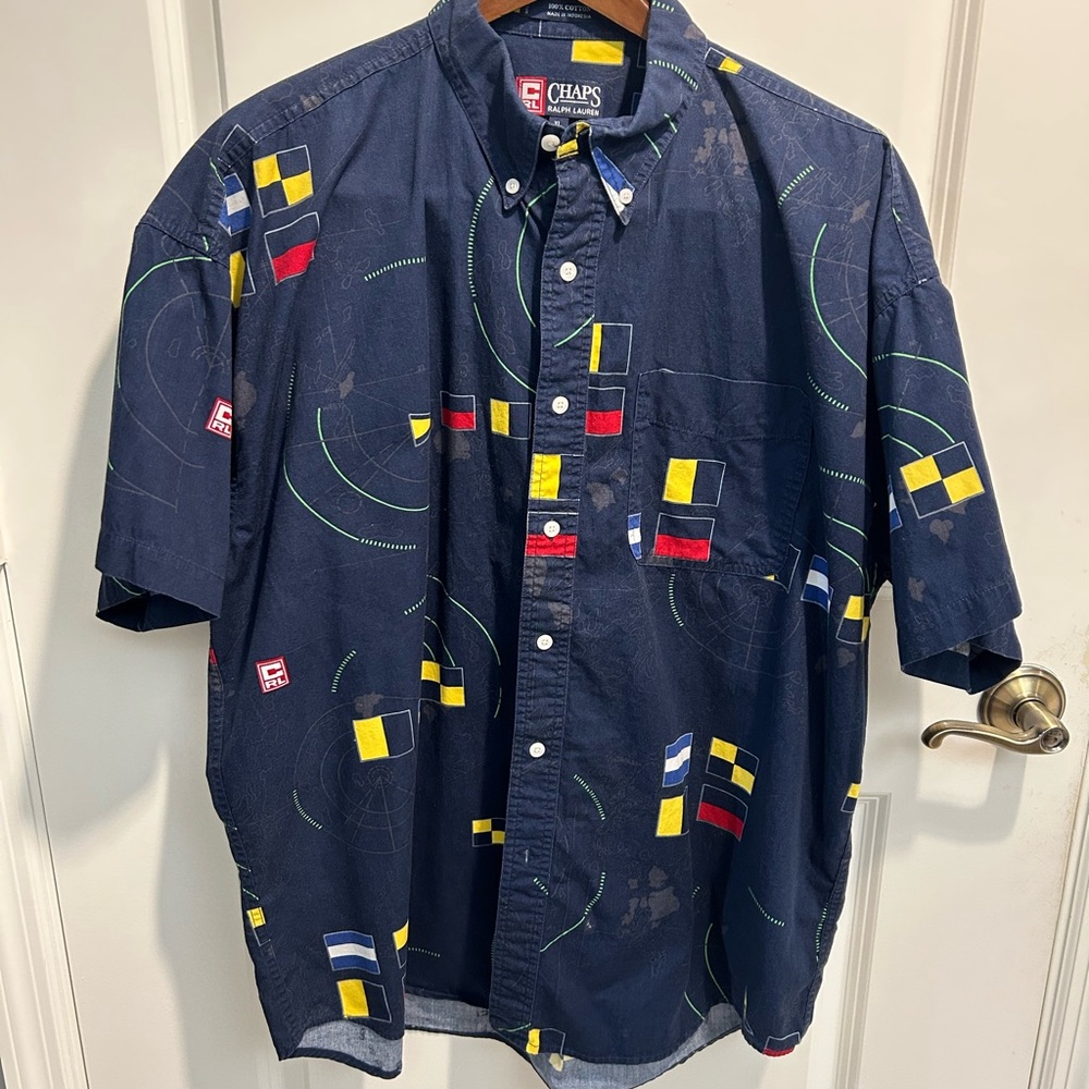 Chaps Ralph Lauren Vintage Mens XL Navy Nautical Flags Button Down Yacht Rock